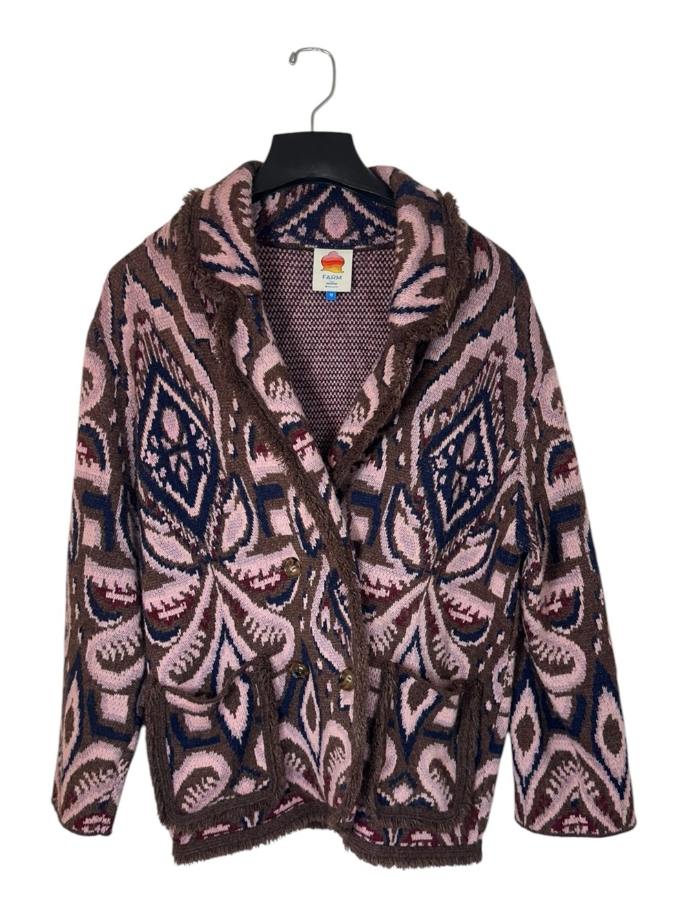 Nuuly x Farm Rio Pineapple Ikat Knit Blazer M Brown Boho Cardigan Jacket